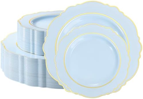realluck 100PCS Blue and Gold Plastic Plates, Blue Fancy Disposable Plates by Realluck