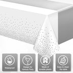 MASHAN 12Pcs White Silver Tablecloth Party Decorations,Plastic White Table Cloth Printed Silver Runner Disposable Rectangle Table Cover for Birthday Wedding Anniversary Graduation Party,54 x108 Inch - Image 4
