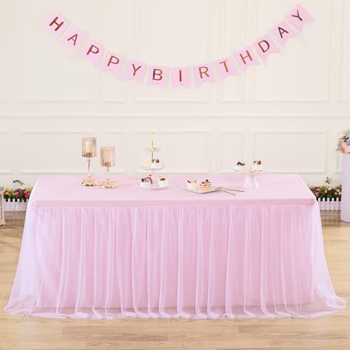 Pink Tulle Tablecloth for 8 Foot Rectangle Table, Light Pink Tulle Tables Skirt Cover 8ft Banquet Wedding Table Cloths Baby Shower Tutu Ruffle Tables Skirt Cloth for Party Bridal Shower - Image 6