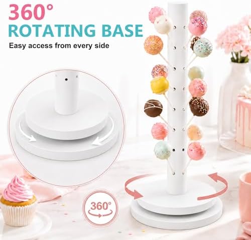 2Pack Wooden Cake Pop Stand Kit with 360° Spinning Base, 49Hole Lollipop Holder with Cake Ball Scoop, 100 Paper Sticks, 100 Clear Treat Bags and 100 Twist Ties, Easy Twist Assembly for Parties - Image 4