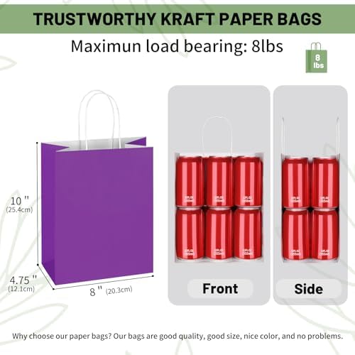 Mlyta 100 Pack 8x4.75x10 Inch Medium Purple Kraft Paper Gift Bags with Handles Bulk for Goodie Party Favor Brithday Grocery Shopping Business Wedding Retail Craft Treat To Go Return, Merchandise Sacks - Image 3