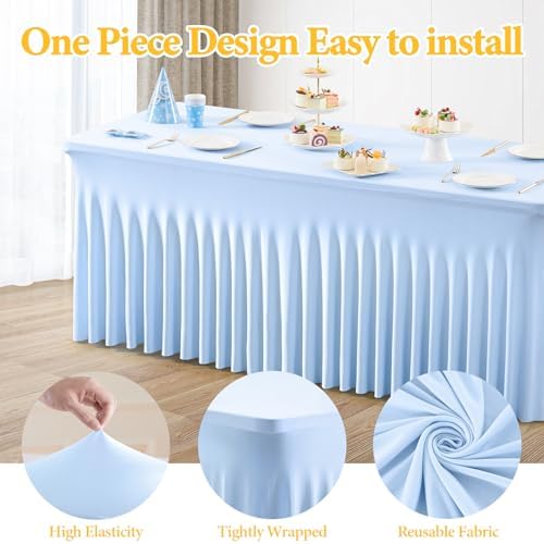 2 Packs Baby Blue Table Clothes for 4 Foot Rectangle Table, Spandex Tablecovers 4FT Stretch Fitted Table Covers Rectangle white Skirt for Baby Shower Birthday Party Event Wedding Banquet Decorations - Image 2