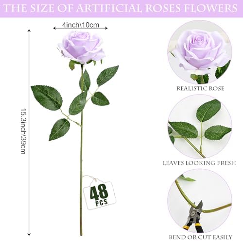 48 PCS Lilac Roses Artificial Flowers, Silk - Image 2