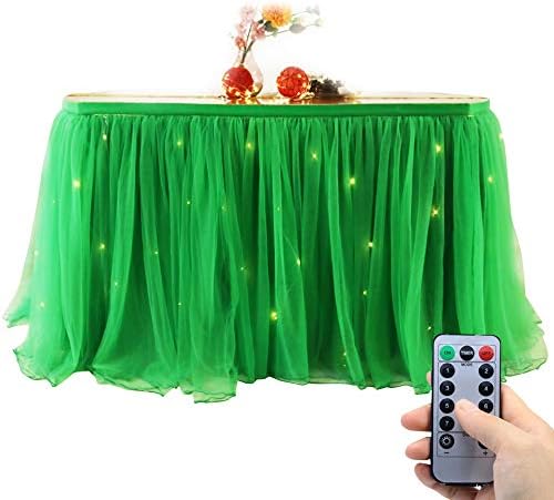 10ft Table Skirt Tulle Tutu Table Cloth with 15pcs String Lights for Rectangle or Round Table for Party,Wedding,Birthday Party&Home Decoration,Table Skirting (Green, 10ftX2.63ft) by OakHaomie