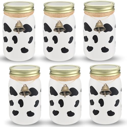 Chunful 6 Pcs Western Cowboy Mason Jars Centerpieces with Brass Bells for Table Cowboy Baby Shower Decorations Cow Print Western Theme Party Baby Shower Table Centerpieces by Chunful