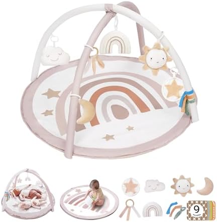 Baby Play Gym Mat, Tummy Time Activity Mat with 7 Detachable Toys and 12 Milestone Cards for Stage-Based Sensory and Motor Skill Development, Washable Play Mats for Infant, Newborn Baby Essentials by LittleDove