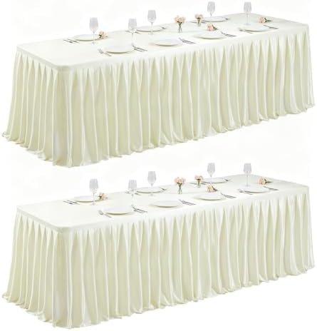 2 Packs Ivory Satin Tablecloths Rectangle 4FT,Glitter Spandex Fitted Stretch Table Covers Wrinkle-Resistant Floor Length Shimmer Pleated Table Skirt for Wedding Parties Baby Shower Banquets by Partisky