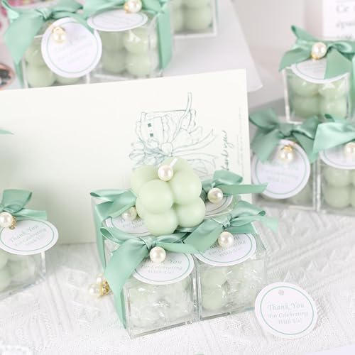 ACITHGL 30 Sets Fully Assembled Small Bubble Candle Party Favors for Guests Bulk Bridal Showers Favors Candles with Stylish Ribbons Thank You Cards Gifts (Green) - Image 3