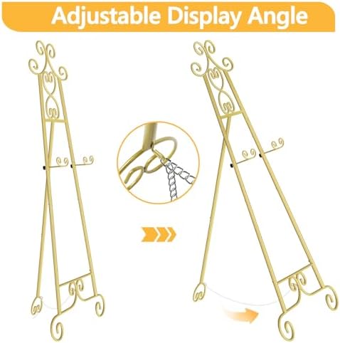 2 Pack Easel Stand for Sign, Large Adjustable Floor Easel with Chain Support, Vintage Decorative Metal Display Stand for Wedding Signs, Paintings, Artwork, Posters, Pictures, Gold - Image 4