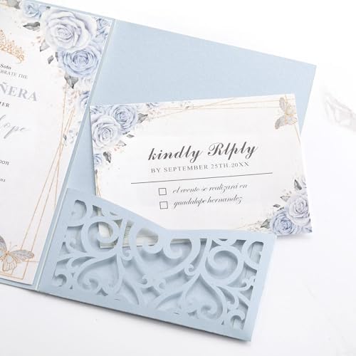 50pcs Blank Wedding Invitation Kit - Light Blue Laser Cut Invitation Pocket - Image 4