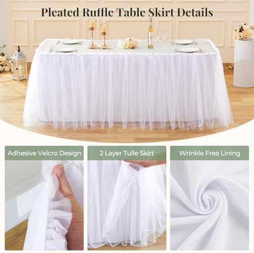 21FT Long White Tulle Table Skirt for Rectangle Round Tables 3-Layer Ruffle Desk Teacher Skirt for Back to School Supplies Princess Girls Birthday Party Cake Dessert Classroom Dorm Decor - Image 5