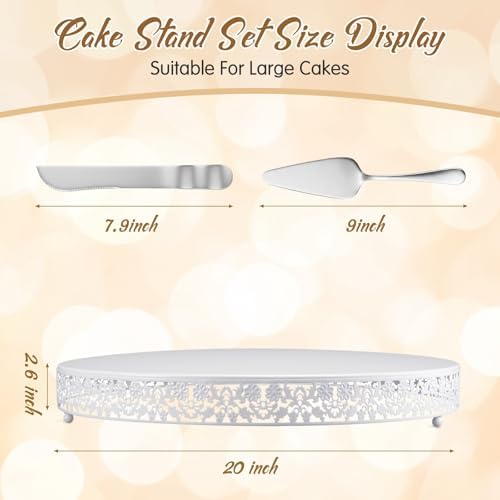 Wenqik 20 Inch White Cake Stand Set Metal Round Cupcake Dessert Stand with Cake Cutting, Flower Spatula Wedding Cupcake Pastry Display Candy Holder Display for Wedding Party Birthday Baby Shower - Image 2