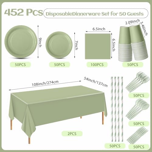 Funnymoom 452 Pcs Sage Green Party Supplies for 50, Sage Green Paper Plates Cups Napkins Tablecloth Cutlery Straws Tableware for Wedding Bridal Shower Birthday Baby Shower Party - Image 3