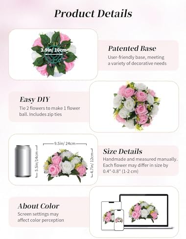 BLOSMON Flower Balls Centerpieces for Table: 6 Pcs Pink White Faux Roses - Image 5