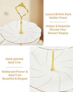 DUJUST Luxury Porcelain 3-Tier Cupcake Stand Tower, British Style Serving Tray with Golden Trim, Food Grade Dessert Display Stand, Beautiful Gift for Tea Party & Home Décor - Image 3