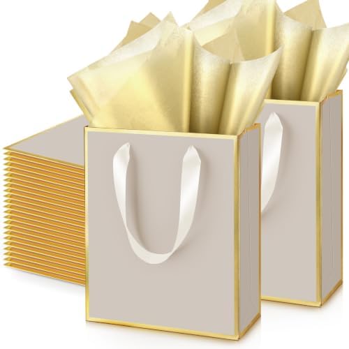 Yeaqee 50 Pcs Metallic Paepr Gift Bags Bulk with Handles,Champagne, Gold by Yeaqee