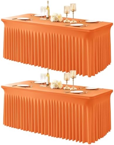 2 Packs Orange Table Clothes for 8 Foot Rectangle Tables, One-Piece Wrinkle Resistant Stretch Spandex Table Covers with Skirt for Event Banquet Wedding Birthday Party by PartyTalk