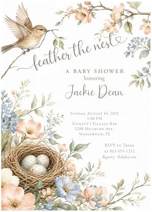 Bird Nest Baby Shower Invitation, Gender Neutral Baby Shower Invite, Feather the Nest Baby Shower, Peach Blue Floral Invitation, Bird and Nest Theme, Custom Printed Invitations with White Envelopes by Handmade