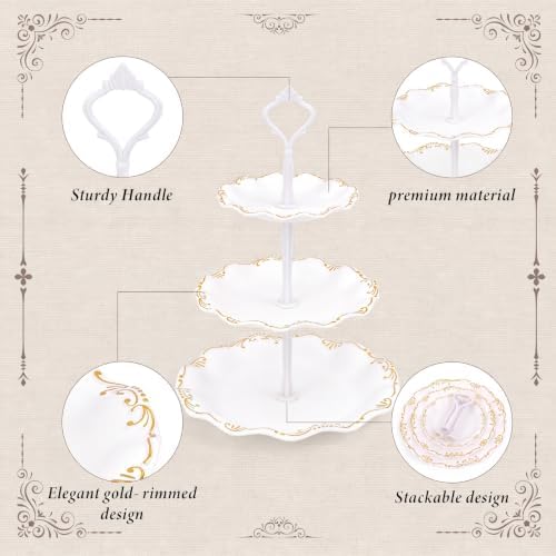 10 Pcs Cupcake Stand,Dessert Table Display Set with Gold Rim,3 x Three-Tier and 3 x Two-Tier Cake Stands,4 x Appetizer Serving Trays for Birthday, Wedding, Baby Shower,Tea Party (White) - Image 3