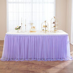 167in Lavender Tulle Table Skirts for Rectangle Tables 6/8ft, 2-Layer Gold Grim Lilac Purple Ruffle Tulle Tutu Cloth Table Skirt 14ft for Mermaid Birthday Party Baby Shower Dessert(No Table Cover) by ENJOYYOURPARTY