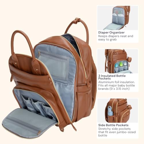 BabbleRoo Leather Diaper Bag Backpack - Baby Essentials Travel Baby Bag, Multi function, Water Resistant, with Changing Pad, Stroller Straps & Pacifier Case – Unisex, Natural Brown - Image 5