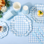 400 Pcs Gingham Party Supplies for 50 Guests Blue and White Scalloped Paper Plates and Napkins Knives Spoons Forks Cups Disposable Checkered Dinner Party Set for BBQ Baby Shower Wedding - Image 3