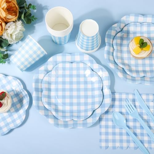 400 Pcs Gingham Party Supplies for 50 Guests Blue and White Scalloped Paper Plates and Napkins Knives Spoons Forks Cups Disposable Checkered Dinner Party Set for BBQ Baby Shower Wedding - Image 3
