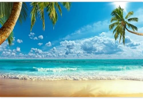 Laeacco Summer Seaside Beach Scenic Backdrop 15x10ft Tropical Beach Background Crooked Palms Blue Sky Clouds Surging Waves Scene Backdrop Wedding Photo Shoot Studio Birthday Luau Party Banner by Laeacco