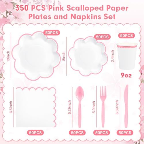 350 Pcs Pink and White Paper Plates and Napkins Set,Tableware for 50 Guest - Image 2
