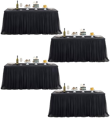 familus Black Table Cloths 8 Foot Rectangle 4 Pack Stretch Ruffle Tulle Tablecloth Spandex Fitted Table Cover for 8 Foot Tulle Table Skirts for Party Wedding Table Cloths, Banquets by familus