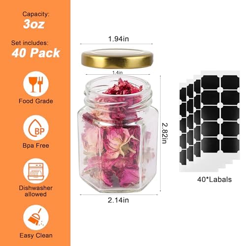 GIVAMEIHF Small Glass Honey Jars with Lids 3oz,40 pack Airtight Canning Jars with Gold Lids,Hexagon Glass Jars for Spice,Jam,Foods,Liquid,Baby Shower Favors,Wedding Favors,40 Labels - Image 2