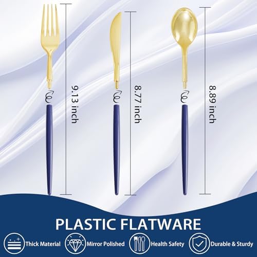 Supernal 102Pcs Gold Plastic Cutlery with Dark Blue Handle for Party - Image 3