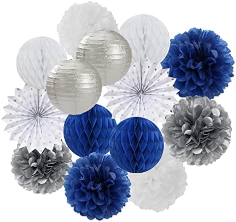 Navy Blue White Silver Paper Garland with Paper Lanterns Fan,Tissue Flower Pom Poms Streamers,Honeycomb Balls,Graduation Men Birthday Wedding Baby Bridal Shower Decor - Image 5