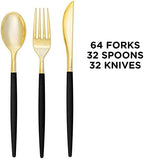 Luxe Party 128 Pieces Two Tone Plastic Disposable Cutlery | Forks-Spoons-Knives | Full Size | Chic Round | Black and Gold - Image 3