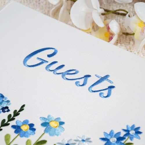 Embroidered Floral Guestbook for Wedding, Bridal Shower & Baby Shower, Linen Guest Sign-In Keepsake with Blank Ivory Pages, Lay-Flat Design & Ribbon Bookmark, 10.25” x 8.25” (Blue Floral) - Image 6