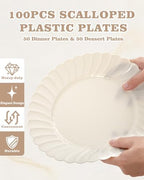 YOUBET 100PCS Ivory Scalloped Plastic Plates for Wedding Party - Image 3