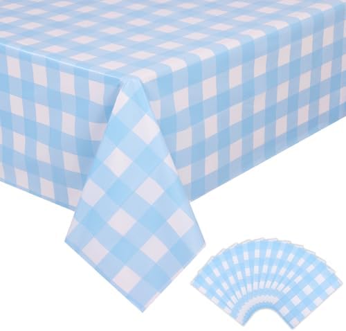 Kesfey 12 Packs Light Blue Gingham Tablecloth Pale Blue and White Checkered Tablecloths 54 x 108 Inch Disposable Plastic Gingham Tablecovers Waterproof Rectangle Picnic Table Cover for Birthday Party by kesfeyhigh-qualitygoods