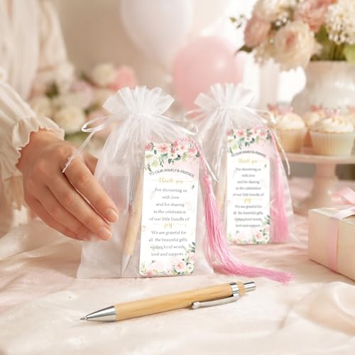 Whaline 50 Sets Baby Shower Favors Pink Floral Flower Engraved Retractable Ballpoint Pens with Thank You Bookmarks and Organza Bags for Gender Reveal Party Gifts Guest Prizes - Image 7