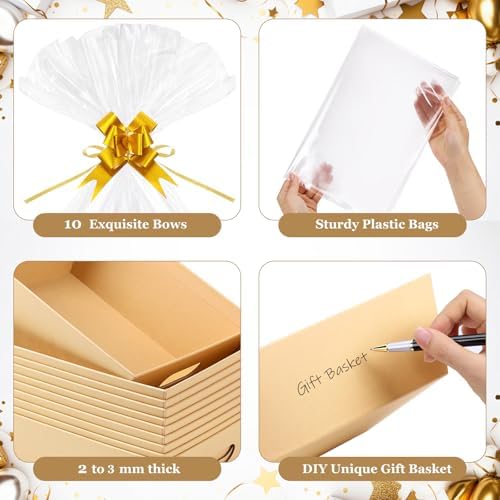 AFOROEOA 10PACK Baskets For Gifts Empty, 10 x 8”Thick Kraft Gift Basket with 10 Clear Gift Bags and 10 Pull Bows, Empty Gift Baskets for Christmas, Thanksgiving Wedding Birthday Party Wrapping Gift - Image 6