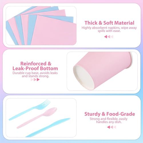 Kochorie 350 Pieces Gender Reveal Dinnerware Set, 7 & 9 inch Light Pink Light Blue Paper Plates Cups Napkins Plastic Cutlery Disposable Party Supplies for Birthday Baby Shower, Serve 50 Guests - Image 4