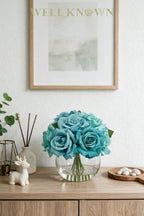 WELL KNOWN Artificial Rose Flowers with Glass Vase, Teal Blue Flower Decor - Image 7