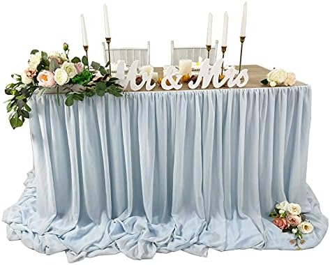 Pooling and Floating Chiffon Table Skirt with extra length, 6FT 9FT 14FT Sheer Tablecloth, Baby Shower, Birthdays Party, Main Cake Table Decoration, Wdding Table Skirt (Blue, 14FT) by EHLDekol