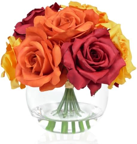 WELL KNOWN Silk Rose Artificial Flowers with Vase, Orange Yellow Red by WELLKNOWN