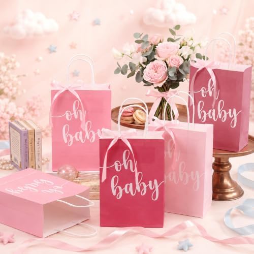 Gersoniel 50 Packs Baby Shower Gifts Bags Bulk 5.91 x 3.15 x 8.27 Inches Baby Shower Favor Bags with Handle Ribbon Thank You Gift for Party Favor for Guests Gifts Gender Reveal (Pink) - Image 4