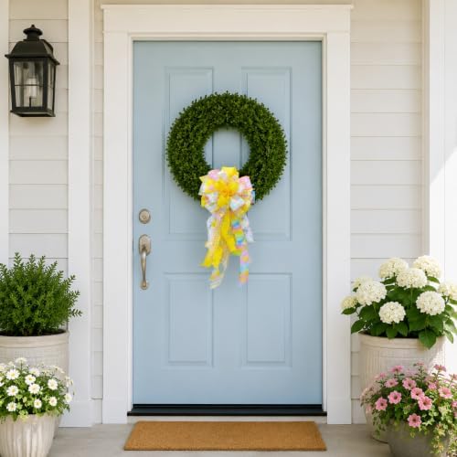 Baby Shower Wreath Bow Tree Topper, Yellow & Pastel Wired Ribbon Gender Neutral Decoration for Front Door, Nursery Swag, Gender Reveal Garland, Party Supplies, Handcrafted Whimsical Home Decor - Image 2