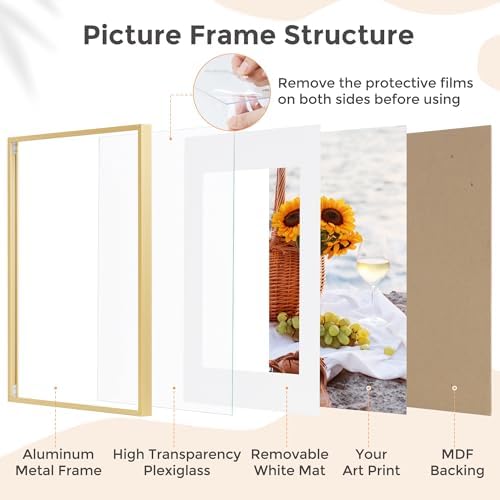 FLYJOE 11x14 Picture Frame | 11x14 Metal Frame With Mat | Gold, Set of 3 - Image 5