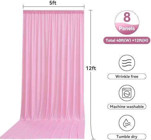 8 Panels 5ftx12ft Wrinkle Free Pink Backdrop Curtain for Parties, Silky Polyester Photo Backdrop Drapes 12 ft Long Back Drop Cloth for Wedding Birthday Photography Background Curtains - Image 6