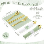 Lasnten 50 Pcs Pre-rolled Gold Plastic Silverware Set, Sage Green - Image 3