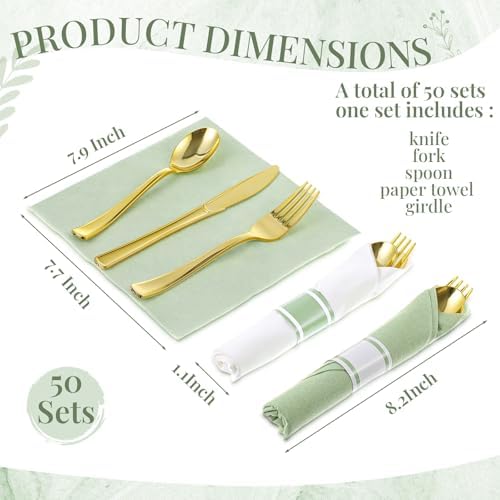 Lasnten 50 Pcs Pre-rolled Gold Plastic Silverware Set, Sage Green - Image 3