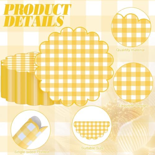 100Pcs Checkered Paper Placemats Yellow Gingham Place Mats 13.5 Inch Disposable Round Decorative Dining Table Mat with Scalloped Edge Paper Cutouts Decor for Wedding Baby Shower Table Party Supplies - Image 3